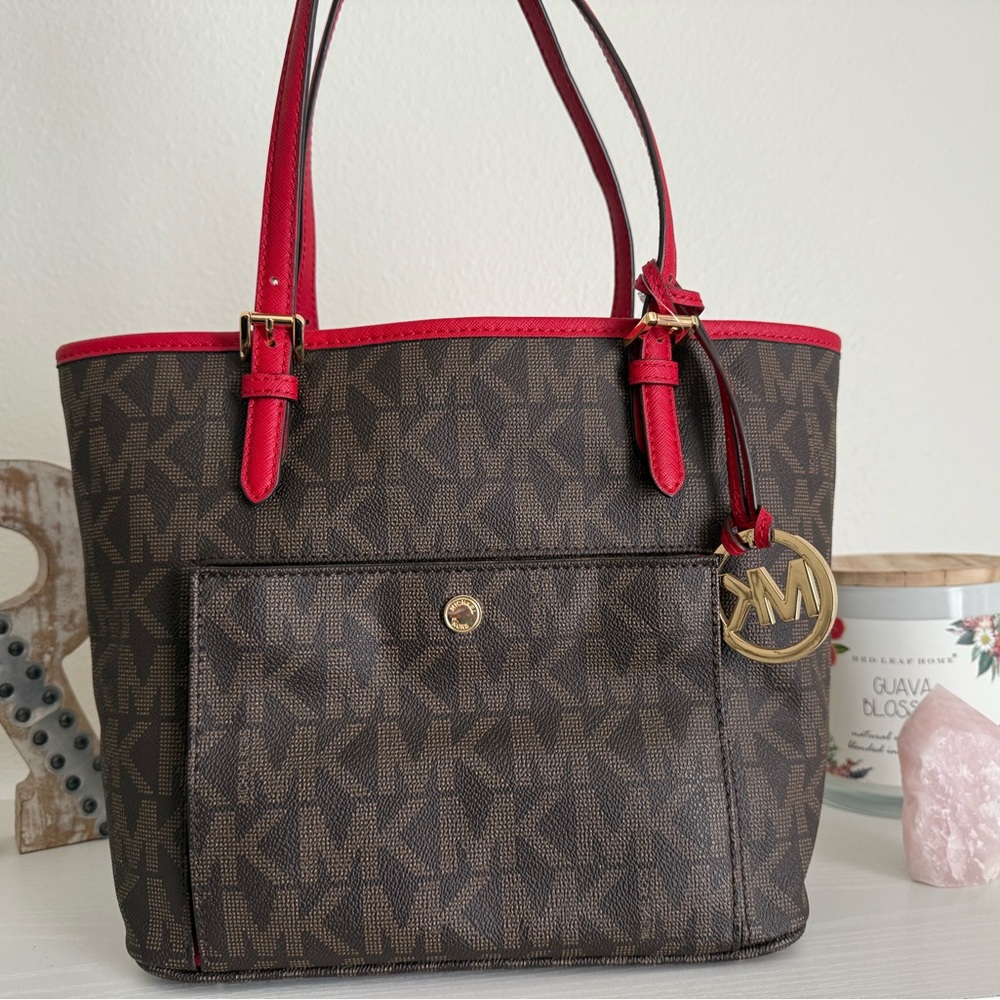 NWT Beautiful Michael Kors Red and Brown Tote Bag